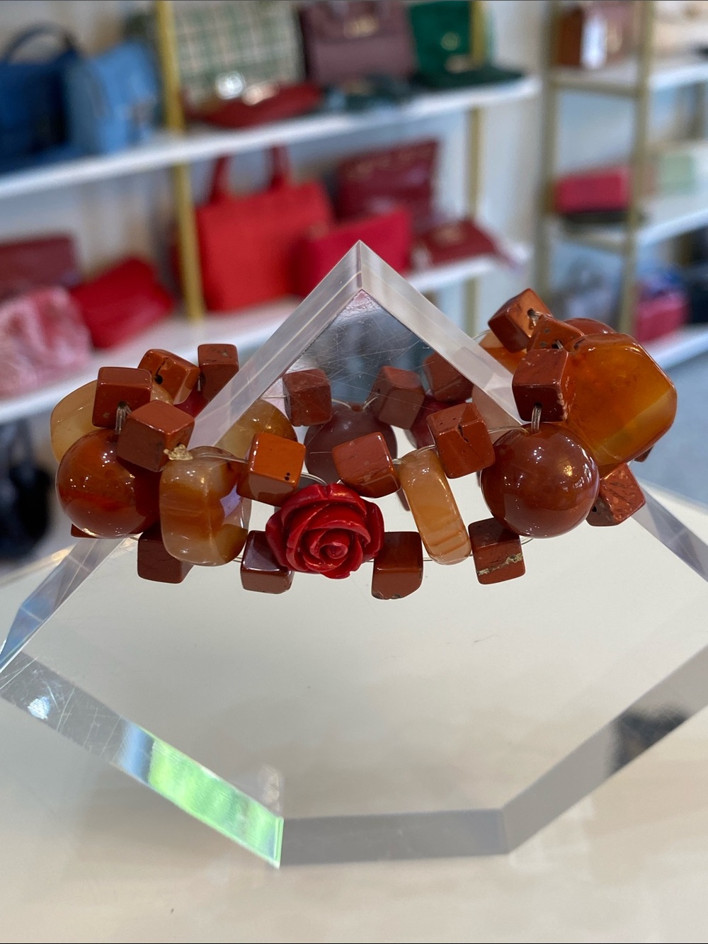 Stone Red and Brown Beaded Stretch Bracelet with Rose Accent